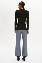 Striped Long-Sleeved Crew Neck Sweater Striped black/khaki back worn view