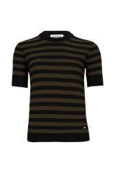 Striped Short-Sleeved Crew Neck Sweater Striped black/khaki front view