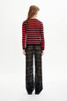 Women Poorboy knitted striped cardigan Striped black/coral back worn view