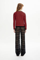 Women Poorboy knitted striped cardigan Striped black/coral back worn view
