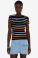 Women Picot Multicolor Striped T-Shirt Multico black striped details view 1
