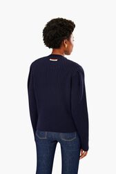 Pull en laine parme Raye noir/bleu vue portée de dos