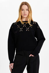 Women Openwork Floral Sweater Black details view 1
