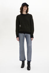 Striped Long-Sleeved Crew Neck Sweater Striped black/khaki front worn view