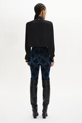 Baroque Print High-Waisted Velvet Leggings Blue back worn view