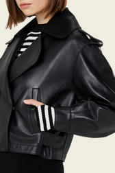 Women Short Leather Black Jacket Black details view 3