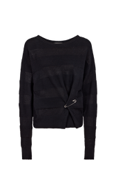 Pull col rond à manches longues en crochet coton ajouré Noir vue de face