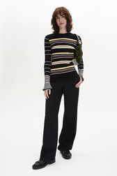 Striped Wool Knit Crew-Neck Sweater Black/ecru front worn view