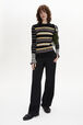 Striped Wool Knit Crew-Neck Sweater Black/ecru front worn view