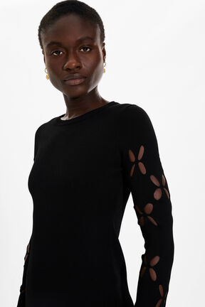 Robe courte fleur ajourée maille femme Noir vue de détail 1