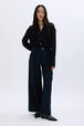 Placket trousers in tartan check Check navy green front worn view