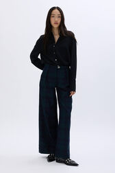 Placket trousers in tartan check Check navy green front worn view