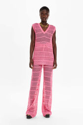 Women Striped Openwork Lace Tank Top Pink front worn view