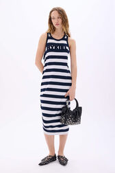Robe longue col rond à bretelle rayée Raye blanc / bleu vue portée de face