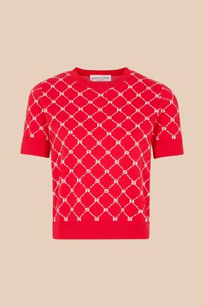 Women Jacquard Short Sleeve Sweater Red front view
