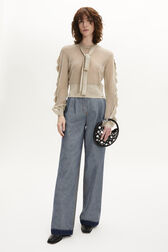 Long-Sleeved Pussybow Blouse Gold front worn view