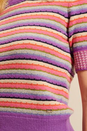 Pull manches courtes rayé multicolore pastel femme Lilas vue de détail 2
