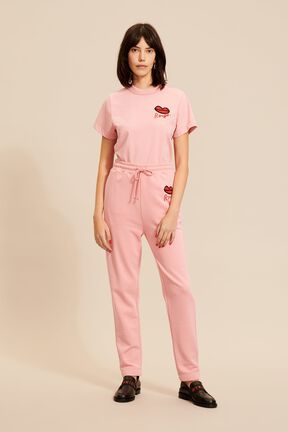 Pantalon jogging motif bouche femme Rose vue portée de face