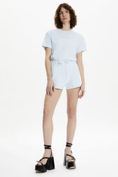 Women Velvet Shorts Baby blue front worn view