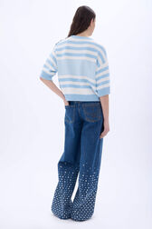 Striped cotton sweater White/skyblue stripe back worn view