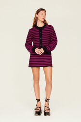 Women Big Poor Boy Striped Cardigan Black/fuchsia front worn view