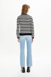 Women Striped Long sleeve Poorboy Sweater Black/white back worn view