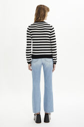 Women Striped Long sleeve Poorboy Sweater Black/white back worn view
