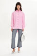 Striped poplin shirt Ecru/pink front worn view