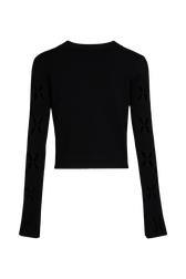 Women Black Cardigan Knit Openwork Flower Black back view