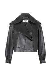 Women Short Leather Black Jacket Black front view