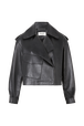 Women Short Leather Black Jacket Black front view