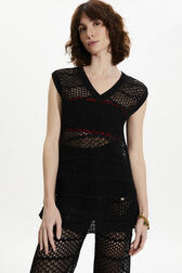 Women Striped Openwork Lace Tank Top Black front view