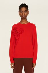 Women Wool Flowers Sweater Red front worn view
