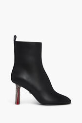 Black Leather Ankle Boots With Rhinestone Heels Black front view