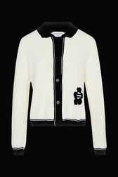 Veste coton tricoté col et finitions contrastantes femme Ecru vue de face