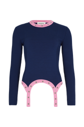 Long-sleeved suspender jumper Navy front view