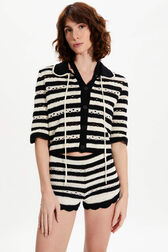 Women Short Openwork Striped Waistcoat Black/ecru details view 1