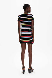 Women Picot Multicolor Striped Short Dress Multico black striped back worn view