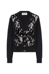 Knitted velvet and lace sweater Black front view