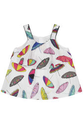 "Parasols" Print Girl Flounced Blouse with Straps Multico white front view