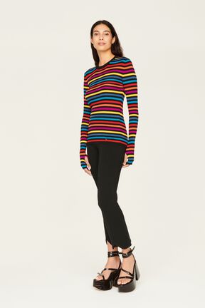 Women Multicoloured Striped Rib Sock Knit Sweater Multico striped rf front worn view