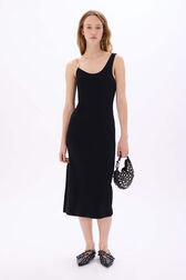 Midi strap dress with chain detail Black front worn view