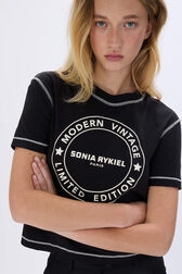 T-shirt col rond manches courtes en jersey de coton Noir vue de détail 2