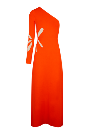 Robe longue assymétrique fleur ajourée maille femme Corail vue de face