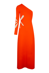 Women Openwork Floral Knit Asymmetrical Maxi Dress Coral front view