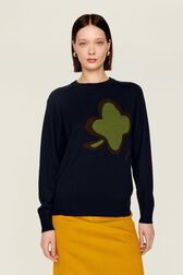 Pull symbole trèfle femme Bleu nuit vue portée de face