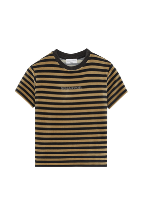 T-shirt velours femme Raye noir/kaki vue de face