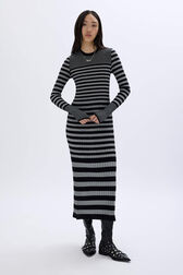 Striped long dress in wool and lurex Black/silver front worn view