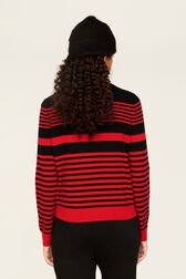 Women Iconic Bicolor Striped Sweater Black/red back worn view
