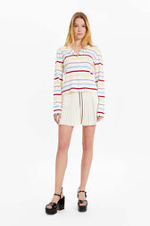 Women Picot Multicolor Striped Cardigan Multico white striped front worn view